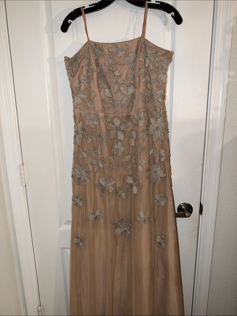 Adrianna Papell Champagne Strapless Beaded Floral Gown